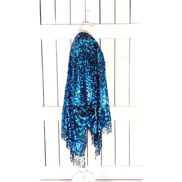 Blue black sequin kimono fringe duster cardigan fringe jacket - Picture 3 of 5